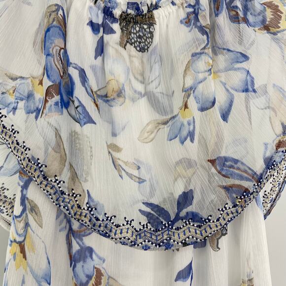 WHITE HOUSE BLACK MARKET White Blue Floral Off-Shoulder Beaded Boho Top Size XXS - Picture 5 of 16